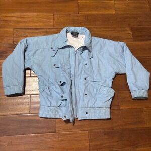 Vtg 80s ECCO Light Blue Denim Bomber Jacket Oversized Snap Front/ Full Zip|Sz Sm